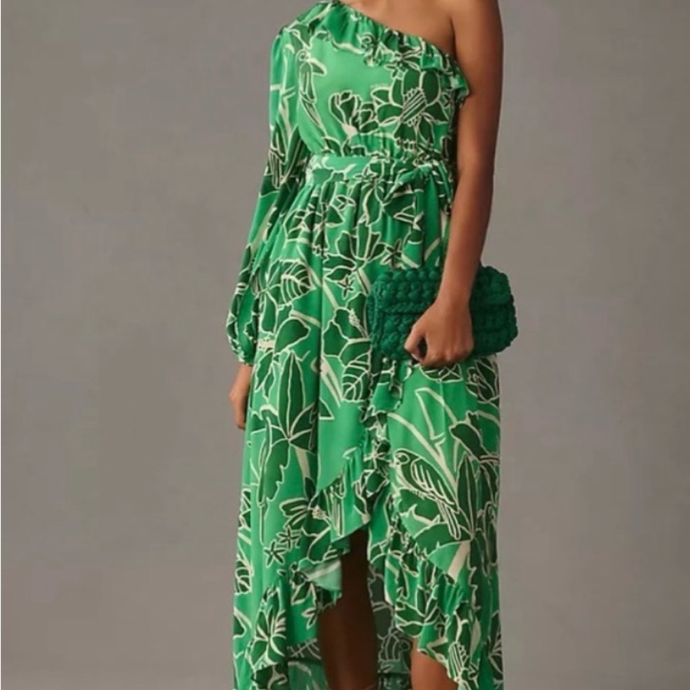 FARM Rio One-Shoulder Green Floral Ruffle Dress